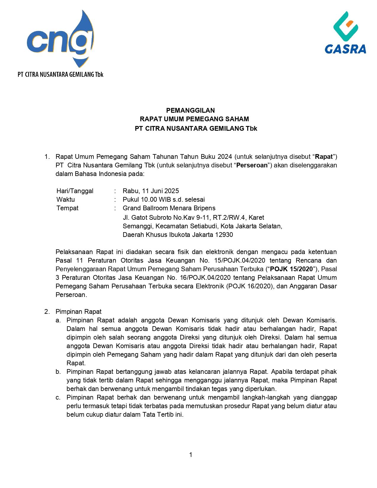 Pemanggilan Rapat Umum Pemegang Saham PT Citra Nusantara Gemilang Tbk 2025