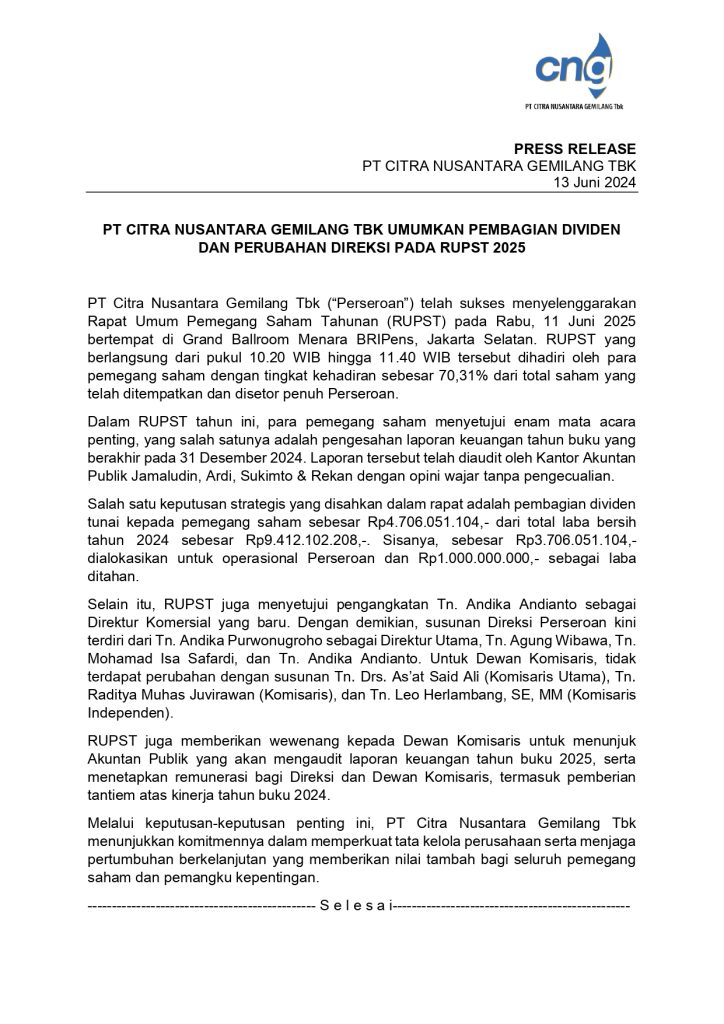 PT Citra Nusantara Gemilang Tbk Umumkan Pembagian Dividen dan Perubahan Direksi Pada RUPST 2025