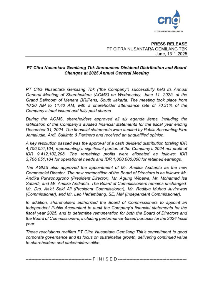 PT Citra Nusantara Gemilang Tbk Announces Dividend Distribution and Board Changes at 2025 Annual General Meeting