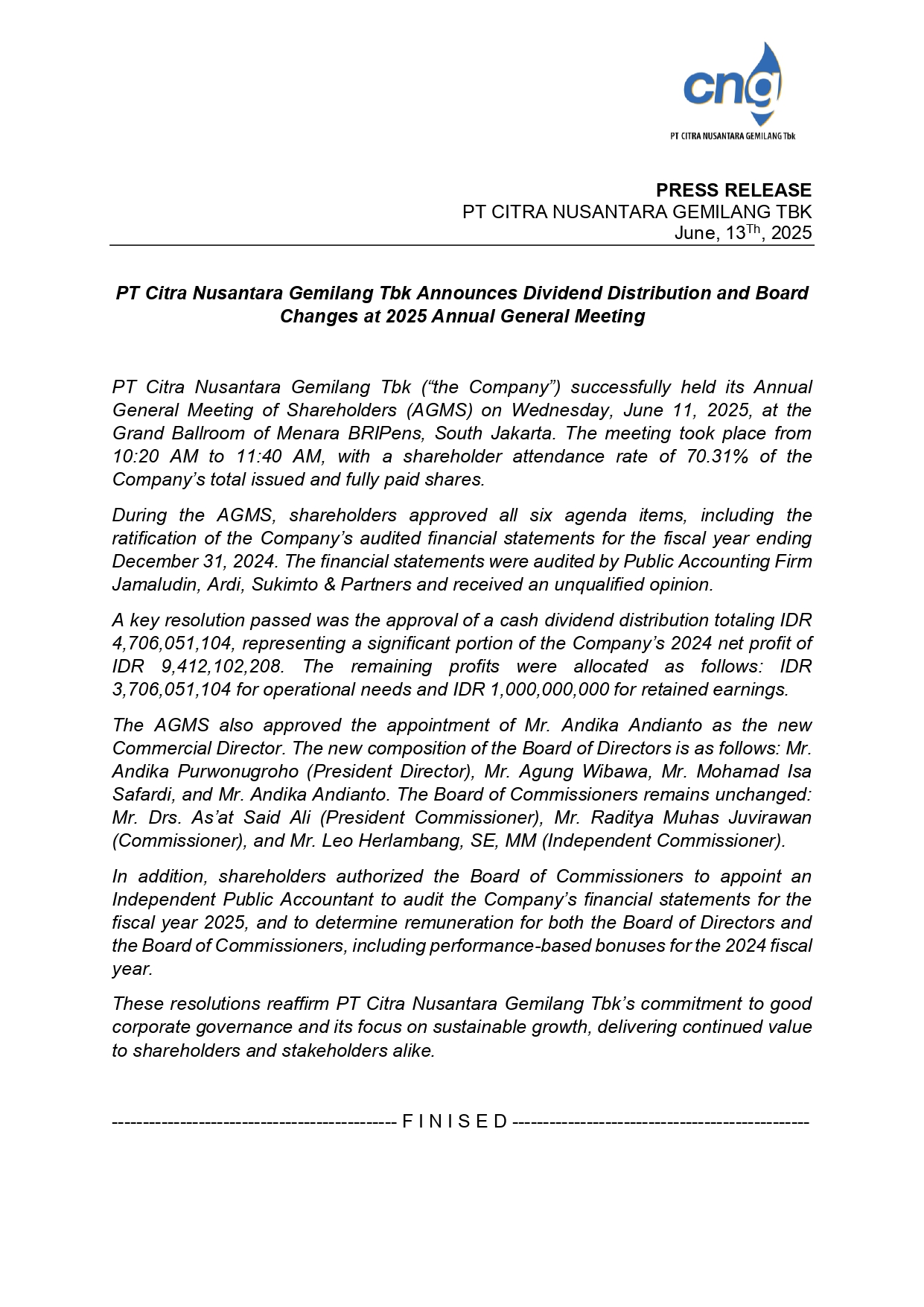 PT Citra Nusantara Gemilang Tbk Announces Dividend Distribution and Board Changes at 2025 Annual General Meeting