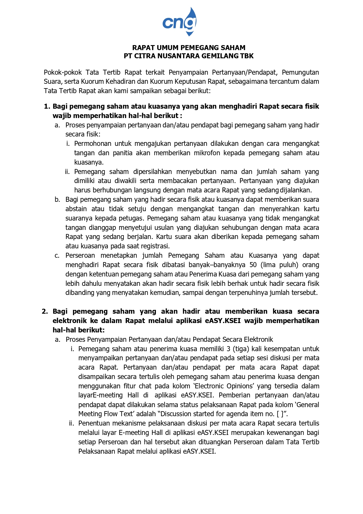 Rules of Conduct for the Annual General Meeting of Shareholders (AGMS) of CGAS