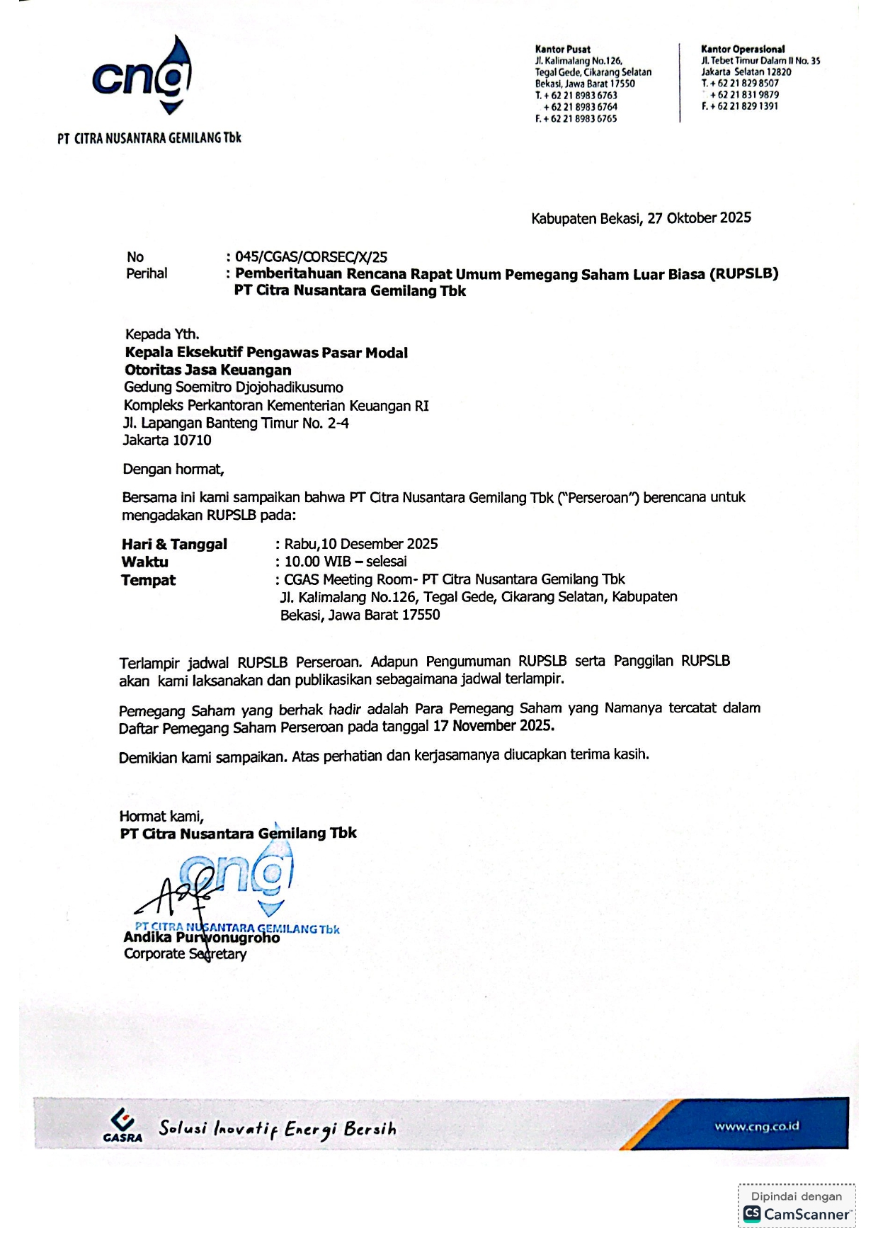 Notice of the Extraordinary General Meeting of Shareholders (EGMS) of PT Citra Nusantara Gemilang Tbk