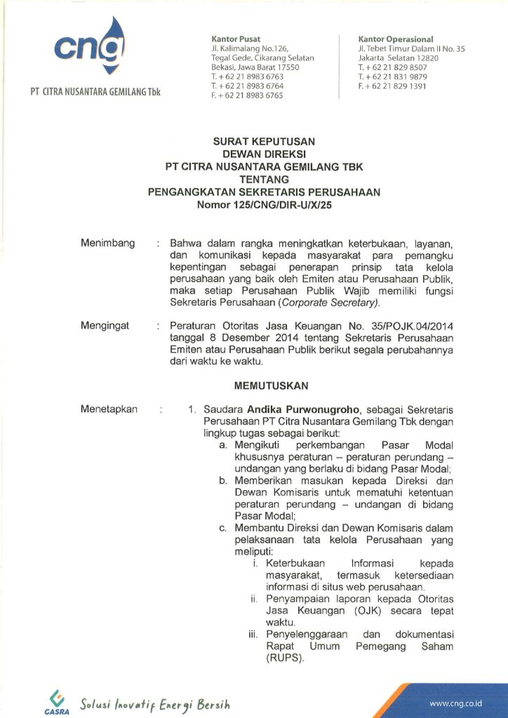 Pergantian Sekretaris Perusahaan PT Citra Nusantara Gemilang Tbk