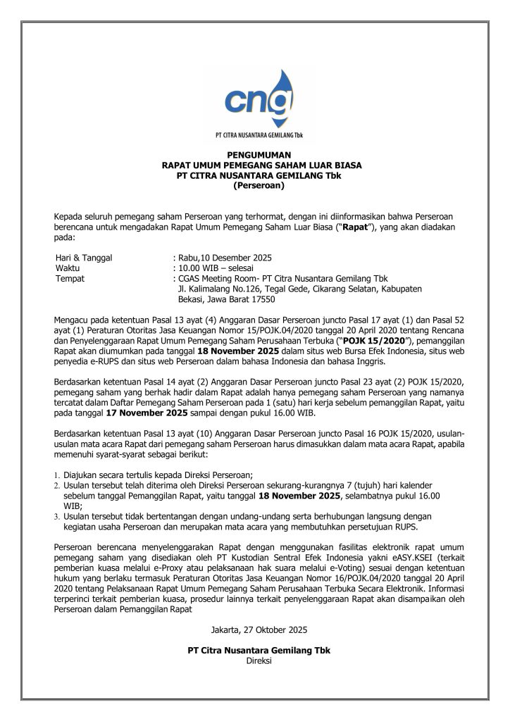 Announcement of the Extraordinary General Meeting of Shareholders of PT Citra Nusantara Gemilang Tbk