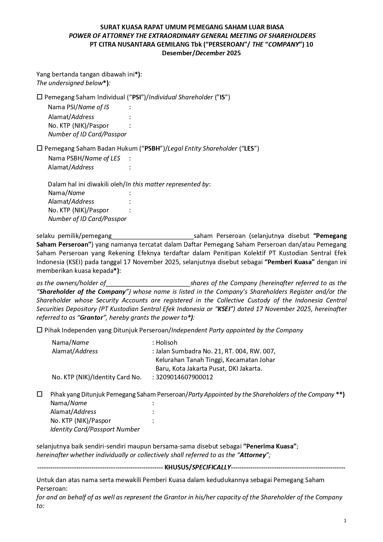 Proxy Form for the Extraordinary General Meeting of Shareholders