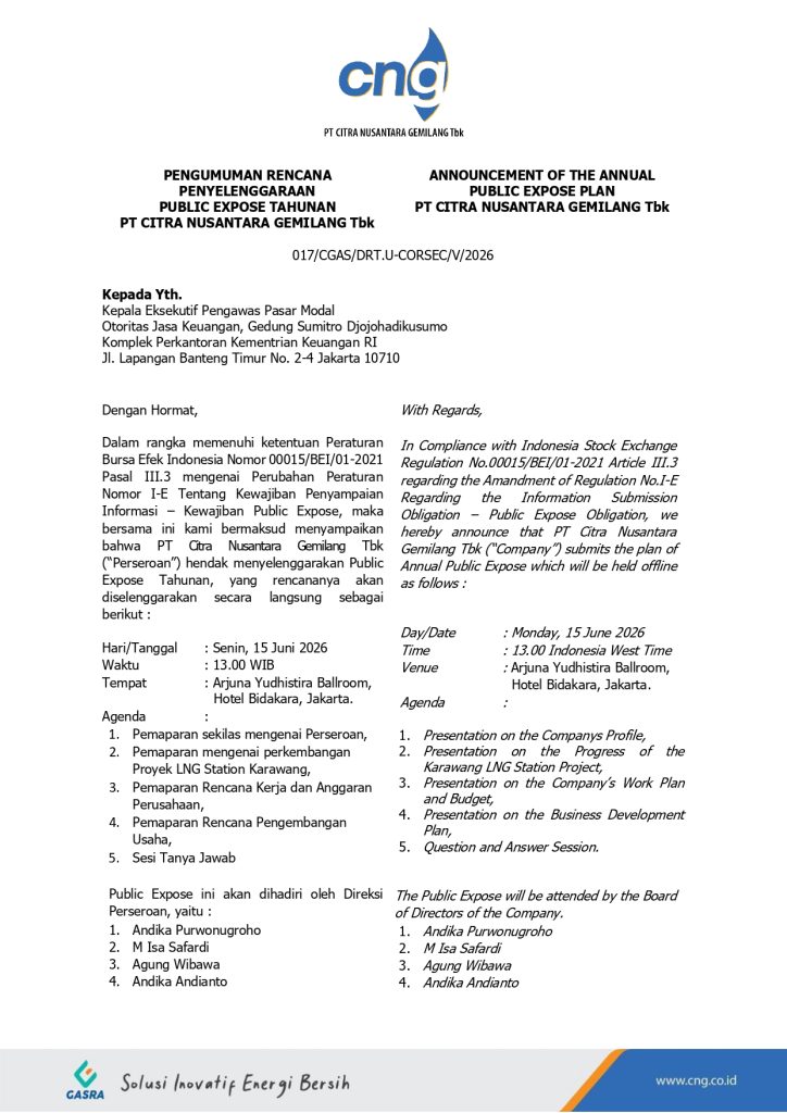 Pengumuman Rencana Penyelenggaraan Public Expose Tahunan PT Citra Nusantara Gemilang Tbk Pengumuman Rencana Penyelenggaraan Public Expose Tahunan PT Citra Nusantara Gemilang Tbk